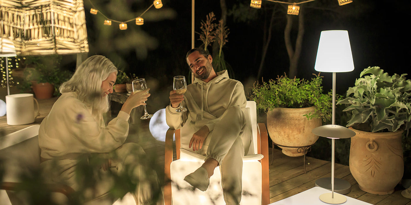 Newgarden cordless lights creating a warm glow for autumn evenings, cozy patios, crisp nights, and fall gatherings.
